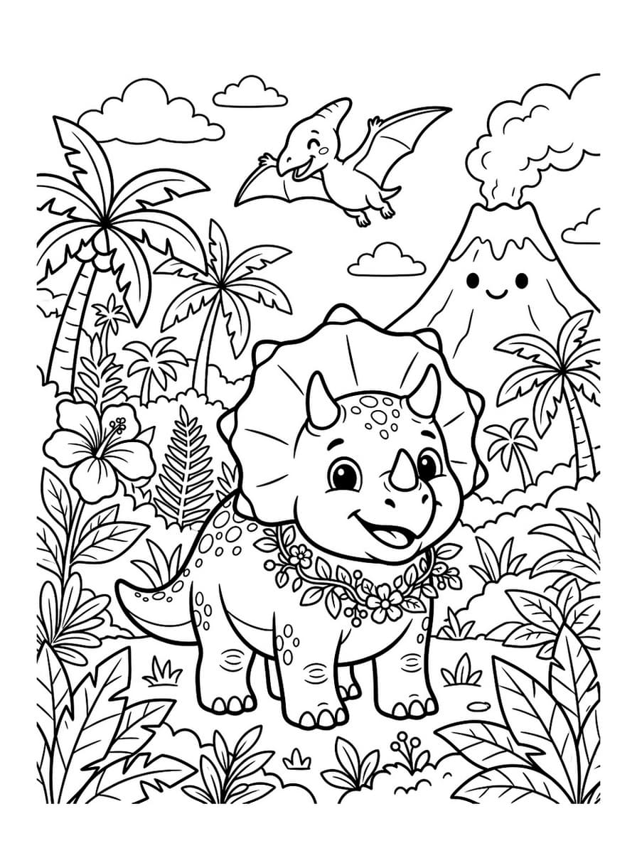 Cheerful Baby Triceratops in Prehistoric Valley - Free Printable Coloring Page