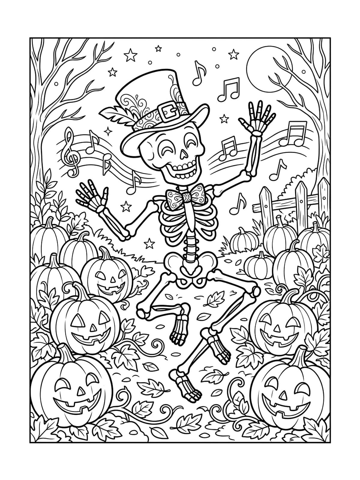 Happy Dancing Skeleton with Top Hat in the Pumpkin Patch - Free Printable Coloring Page