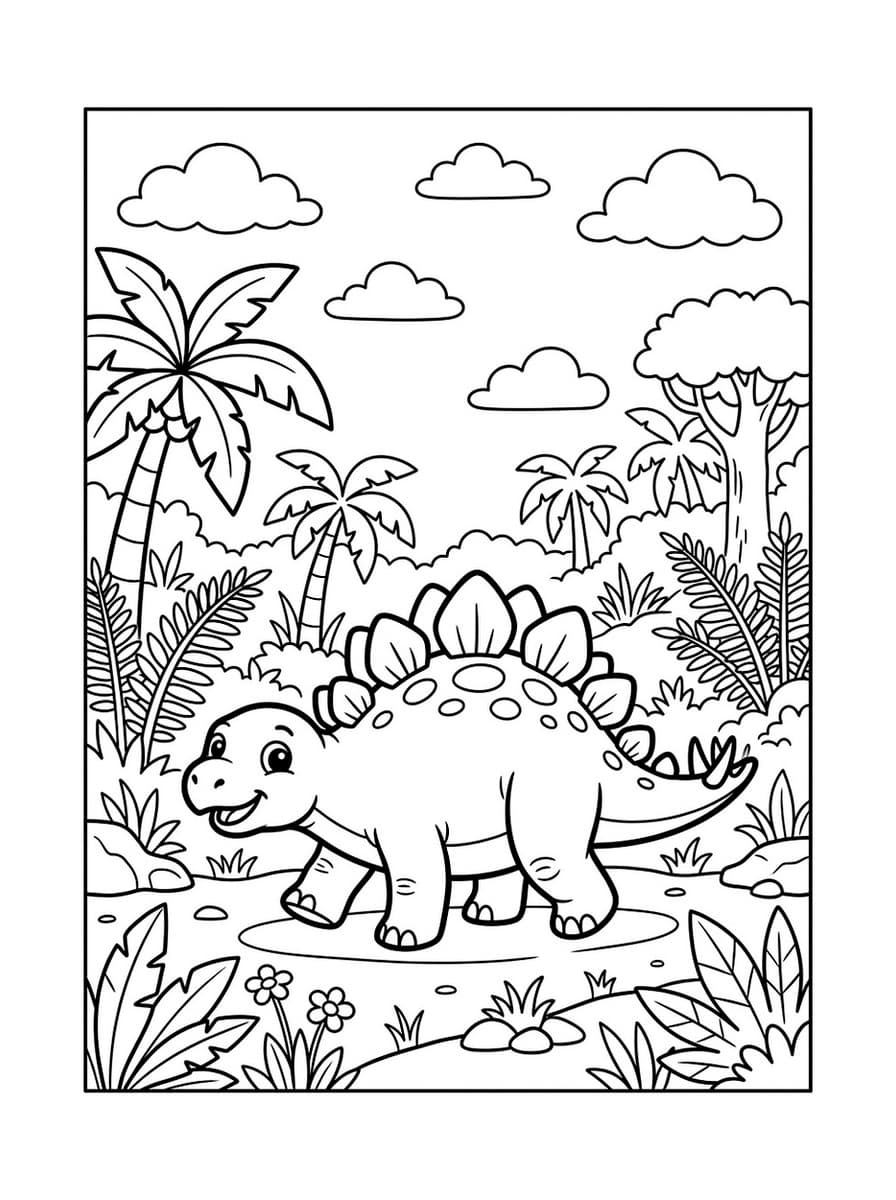 Happy Stegosaurus in Prehistoric Jungle - Free Printable Coloring Page