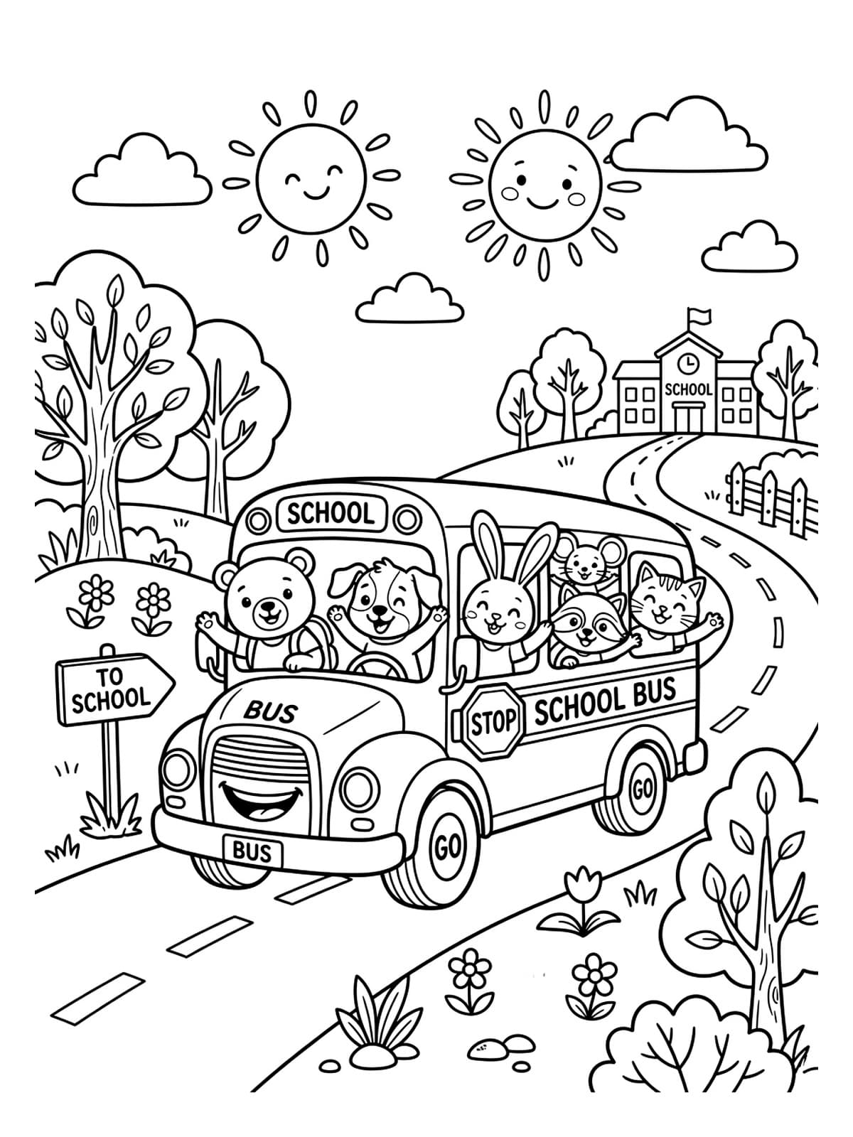 Happy School Bus with Cheerful Animal Students - Free Printable Coloring Page