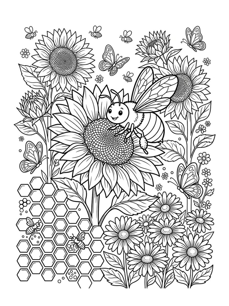 Busy Honeybee in Blooming Sunflower Meadow - Free Printable Coloring Page