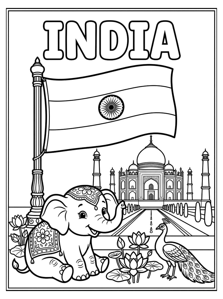 인도 국기 티랑가와 타지마할 & 아기 코끼리 & 연꽃 - Free Printable Coloring Page