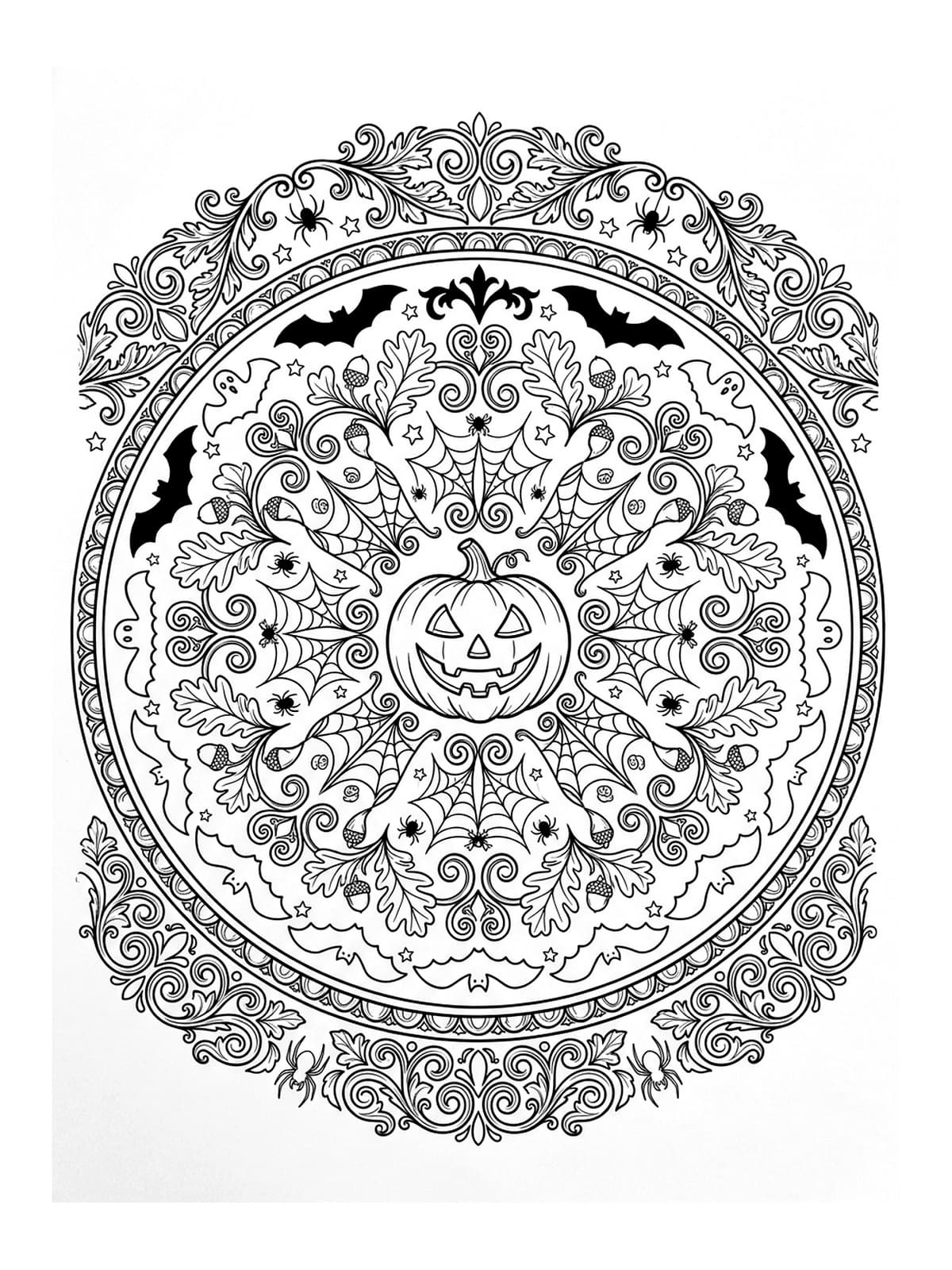 Intricate Halloween Jack-O'-Lantern & Spiderweb Zen Mandala - Free Printable Coloring Page