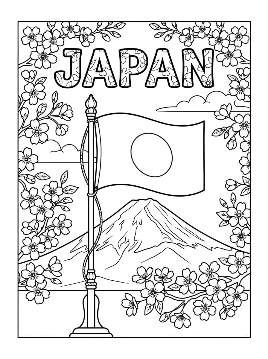 일본 히노마루 일장기와 후지산 & 벚꽃 프레임 - Free Printable Coloring Page