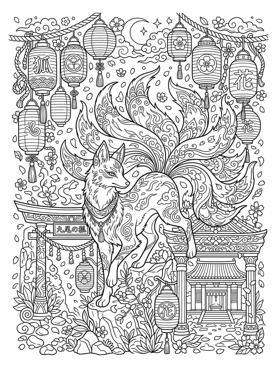 Mythical Kitsune Nine-Tailed Fox & Temple Lanterns - Free high-resolution printable black and white coloring page line art (PDF & JPG download)