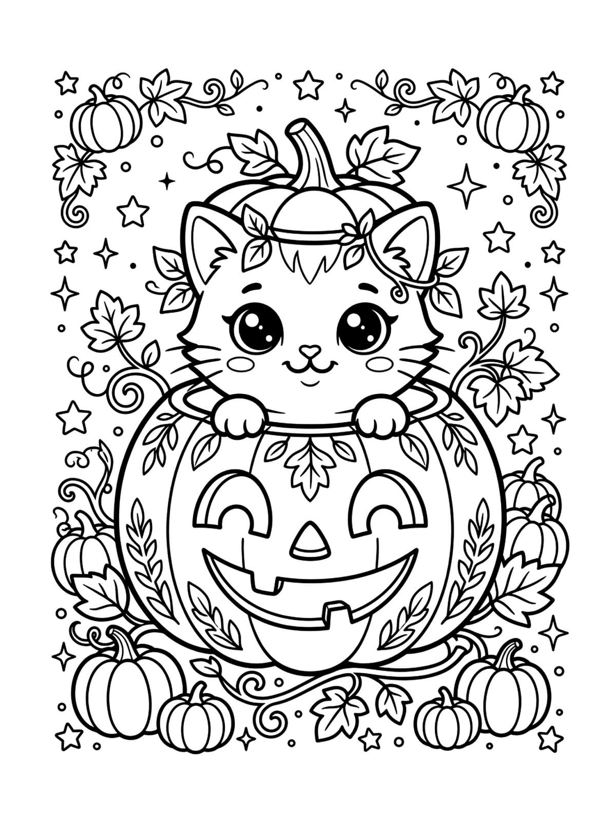 Kawaii Black Cat Peeking from Jack-O'-Lantern Pumpkin - Free Printable Coloring Page