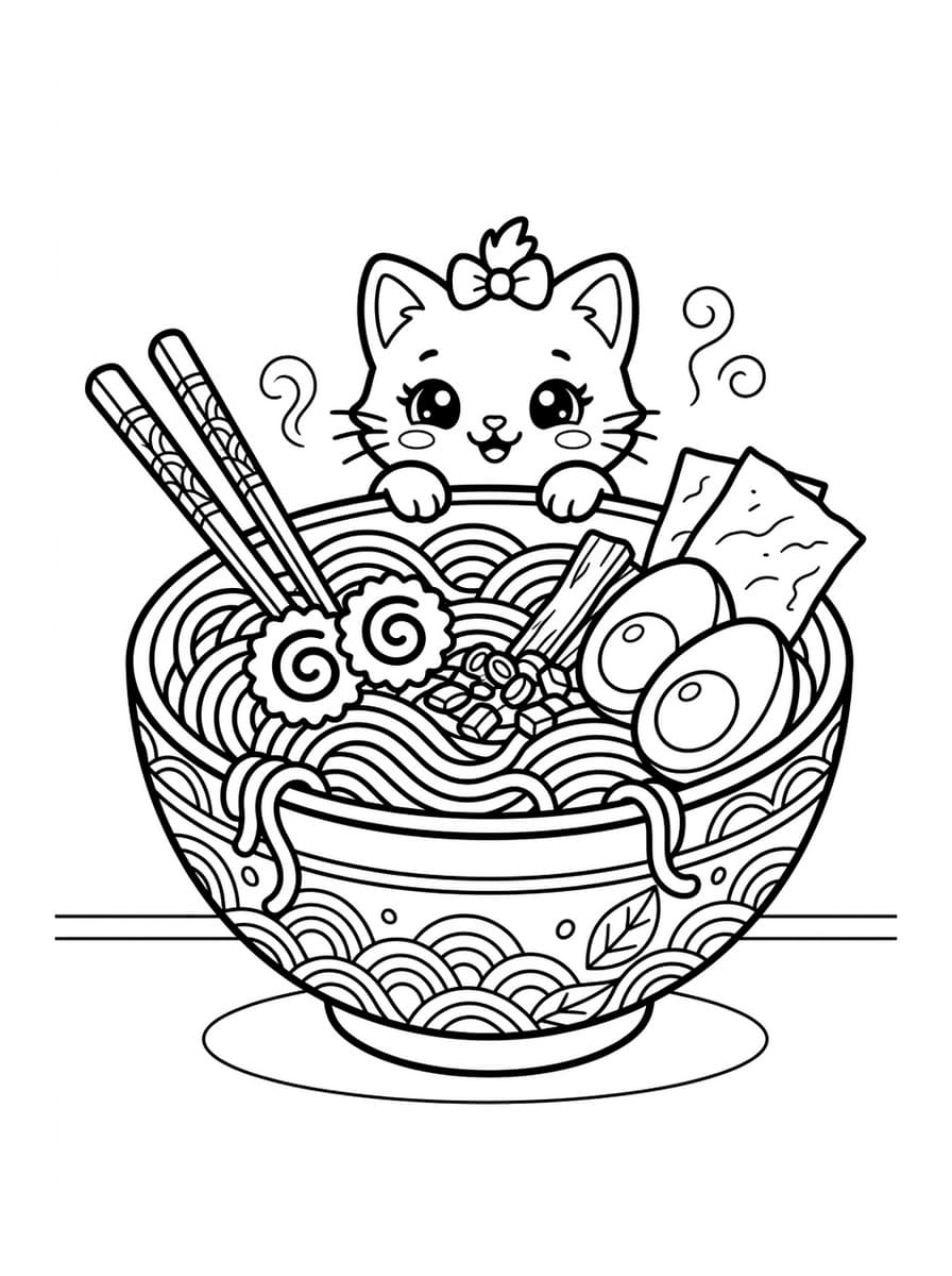 Kawaii Kitten in Cozy Ramen Noodle Bowl - Free Printable Coloring Page