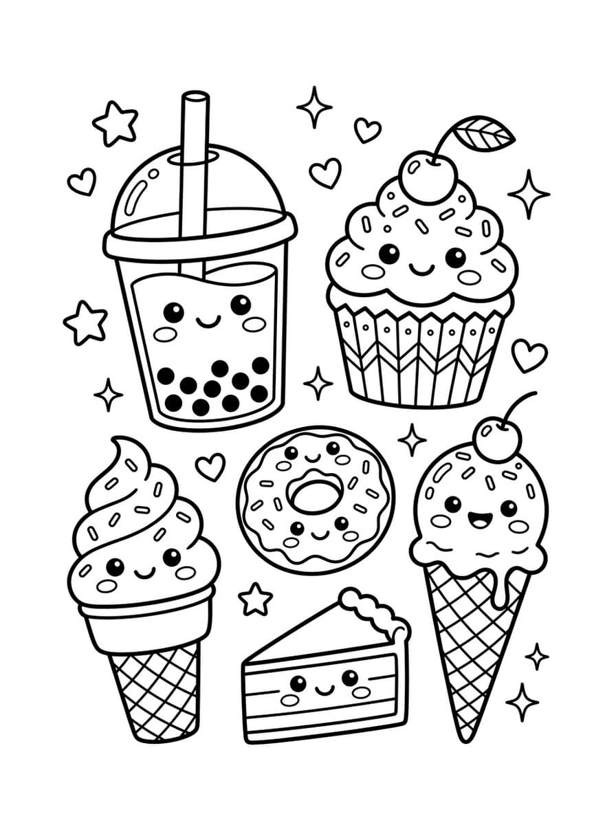 Kawaii Sweets & Pastry Wonderland - Free Printable Coloring Page