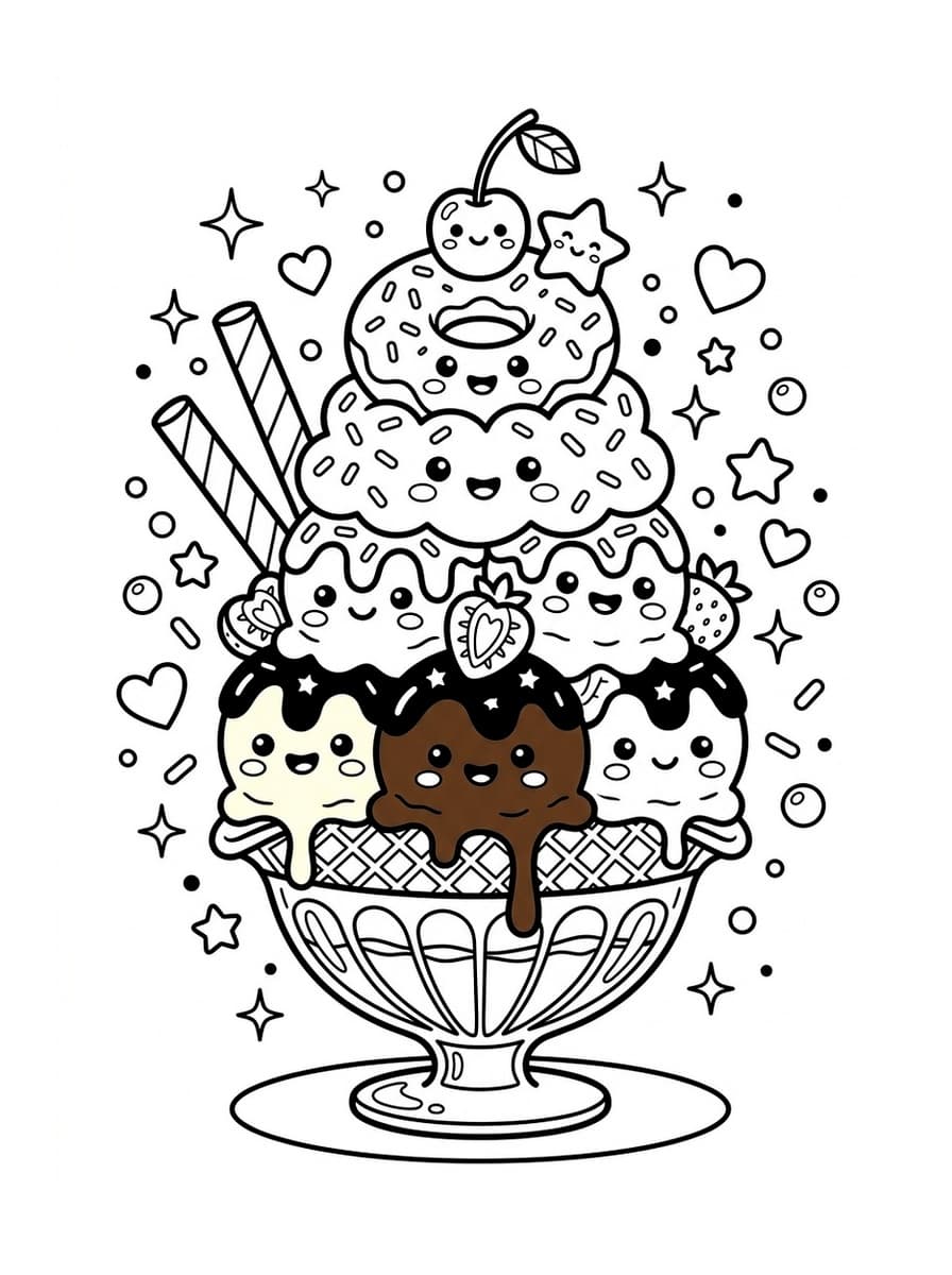 Mega Kawaii Ice Cream Sundae & Donut Delight - Free Printable Coloring Page