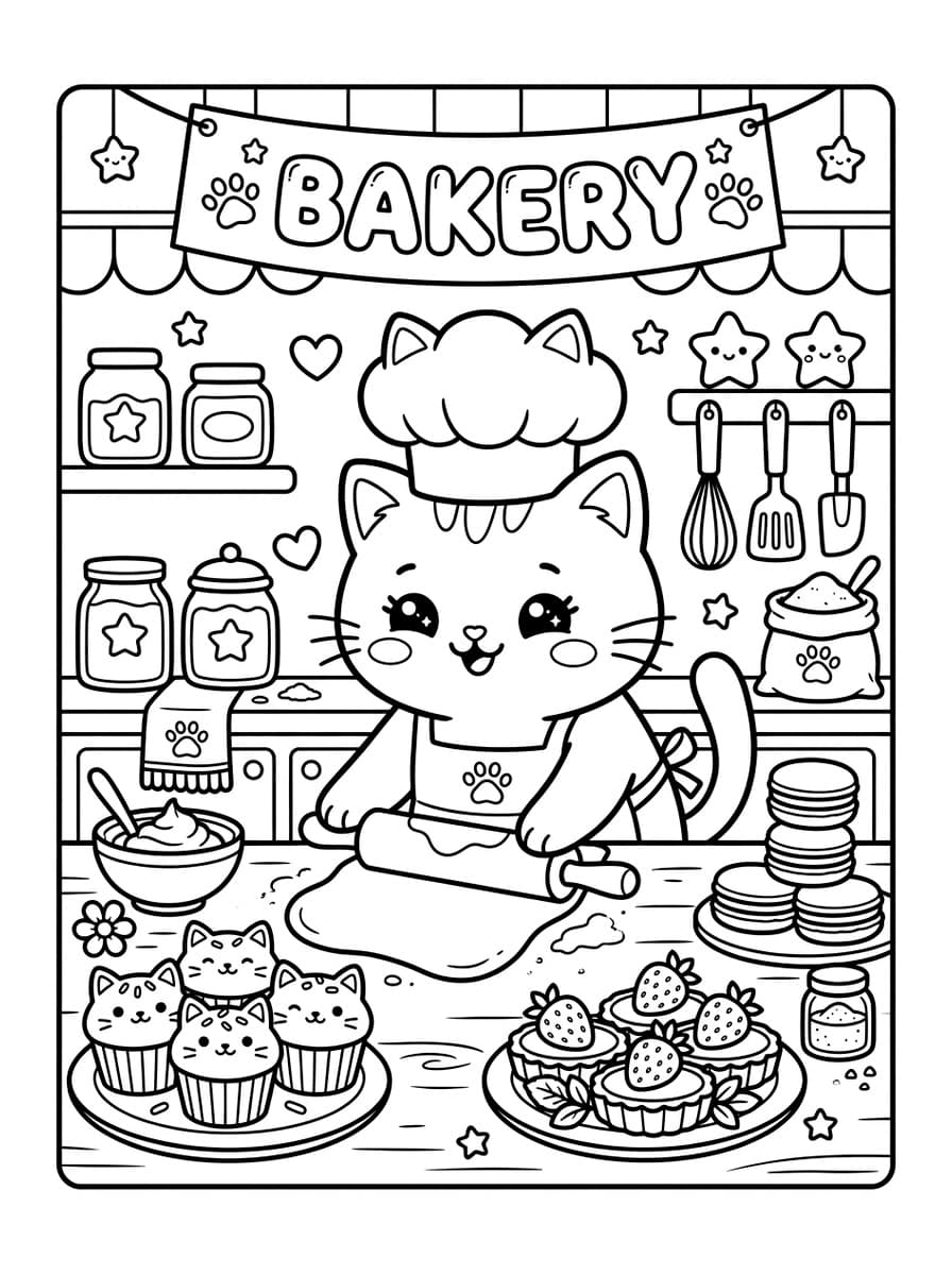 Kawaii Pastry Chef Cat Baking Cupcakes - Free Printable Coloring Page