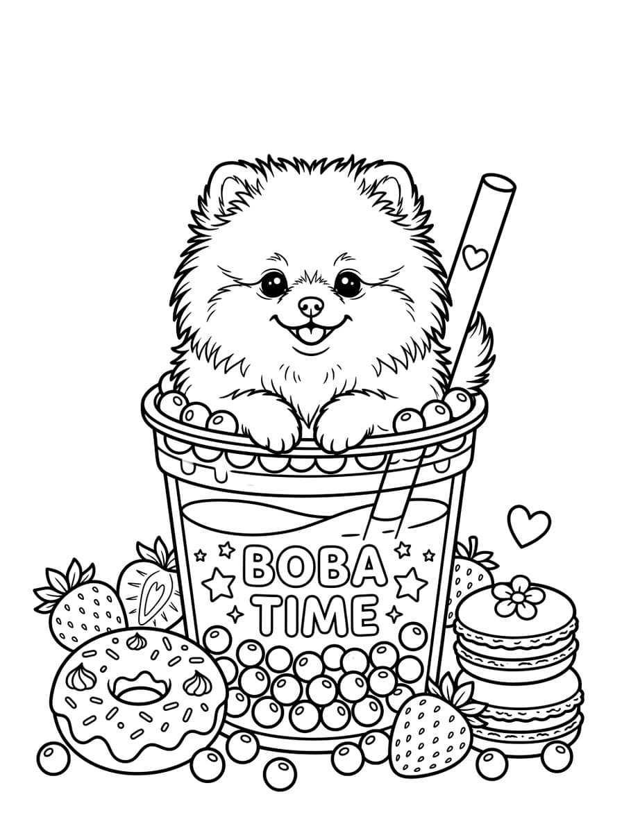 Fluffy Kawaii Pomeranian in Boba Bubble Tea Cup - Free Printable Coloring Page