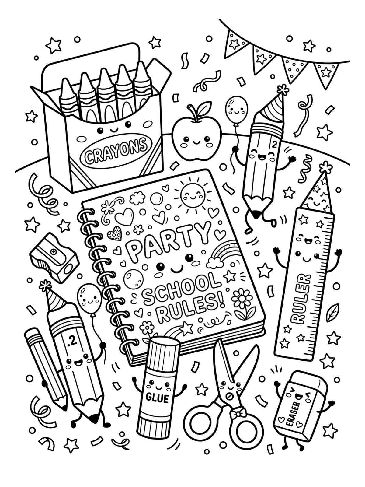 Kawaii School Supplies & Smiling Stationery Party - Free Printable Coloring Page