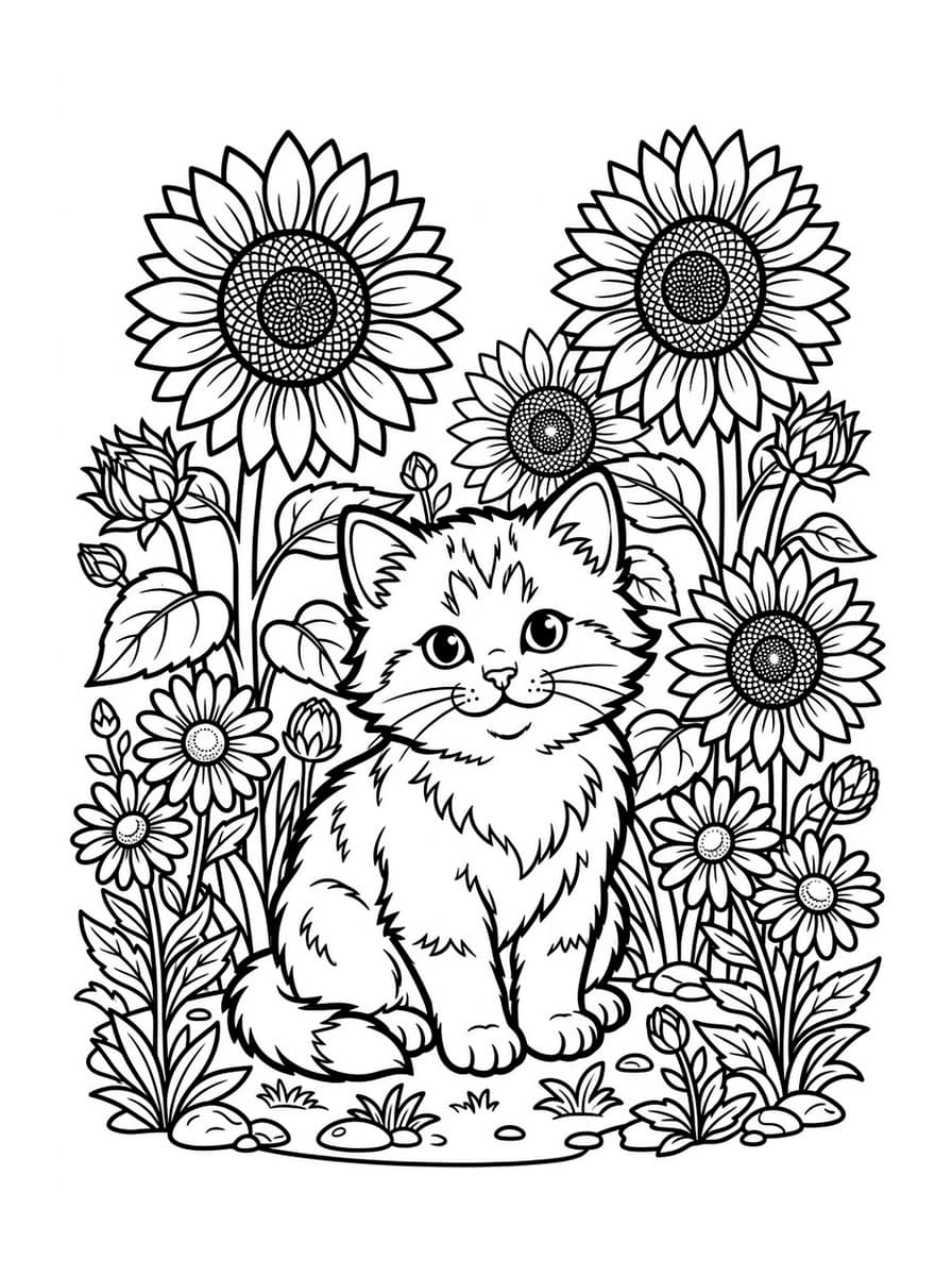 Playful Kitten in Sunflower Garden - Free Printable Coloring Page