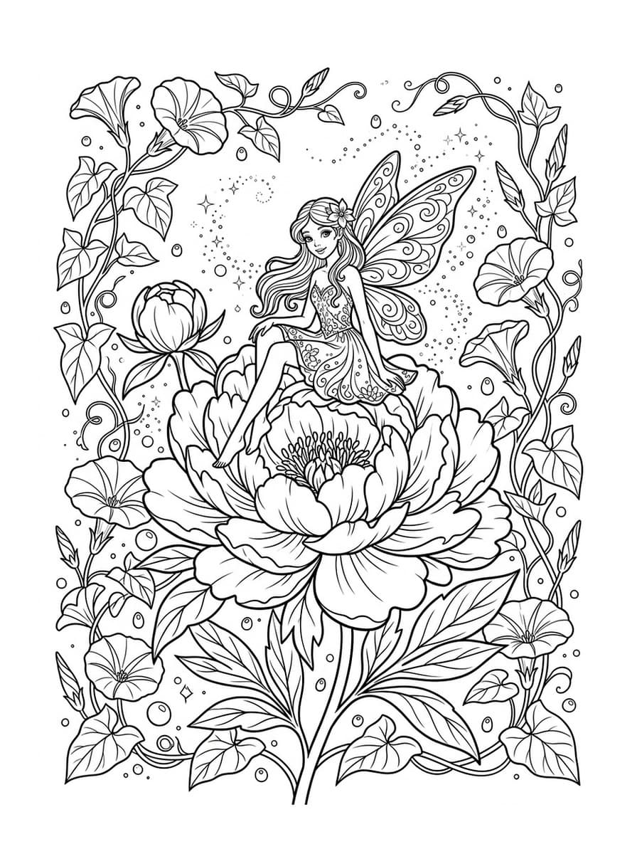 Enchanted Flower Fairy in Secret Blossom Garden - Free Printable Coloring Page