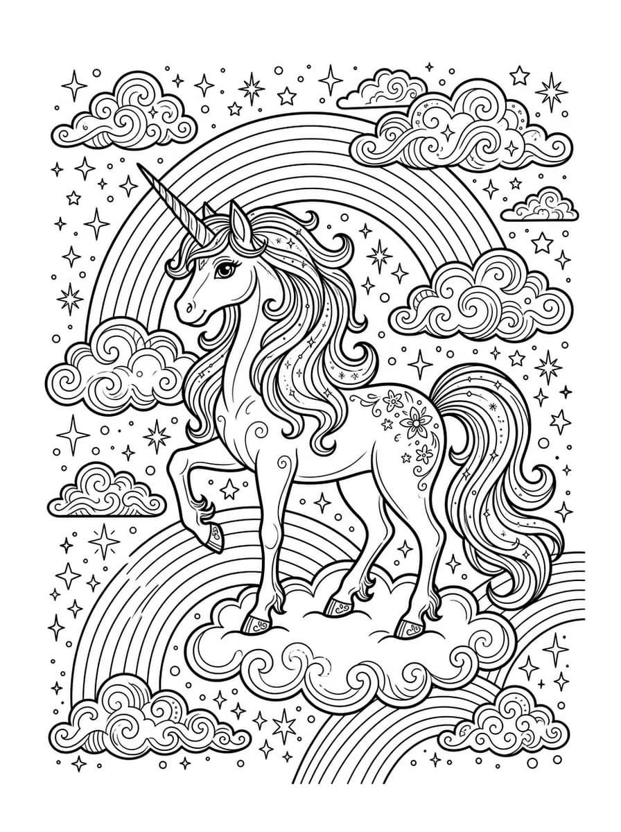 Magical Rainbow Fantasy Unicorn - Free Printable Coloring Page