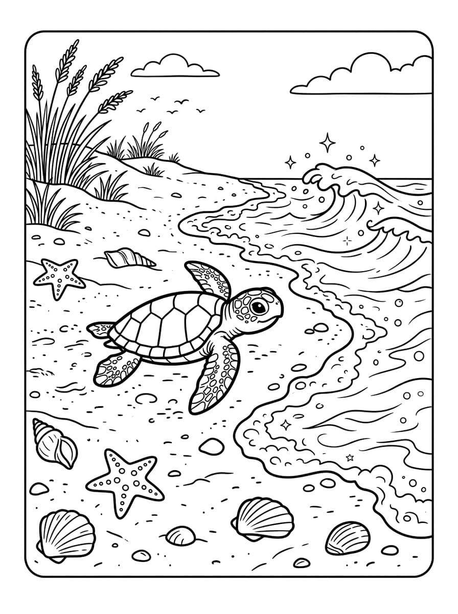바다로 첫 발을 내딛는 아기 바다거북들 - Free Printable Coloring Page