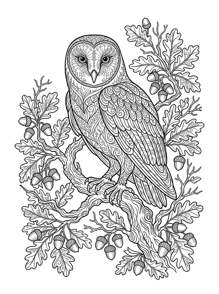 Majestic Barn Owl in Autumn Oak Canopy - Free high-resolution printable black and white coloring page line art (PDF & JPG download)
