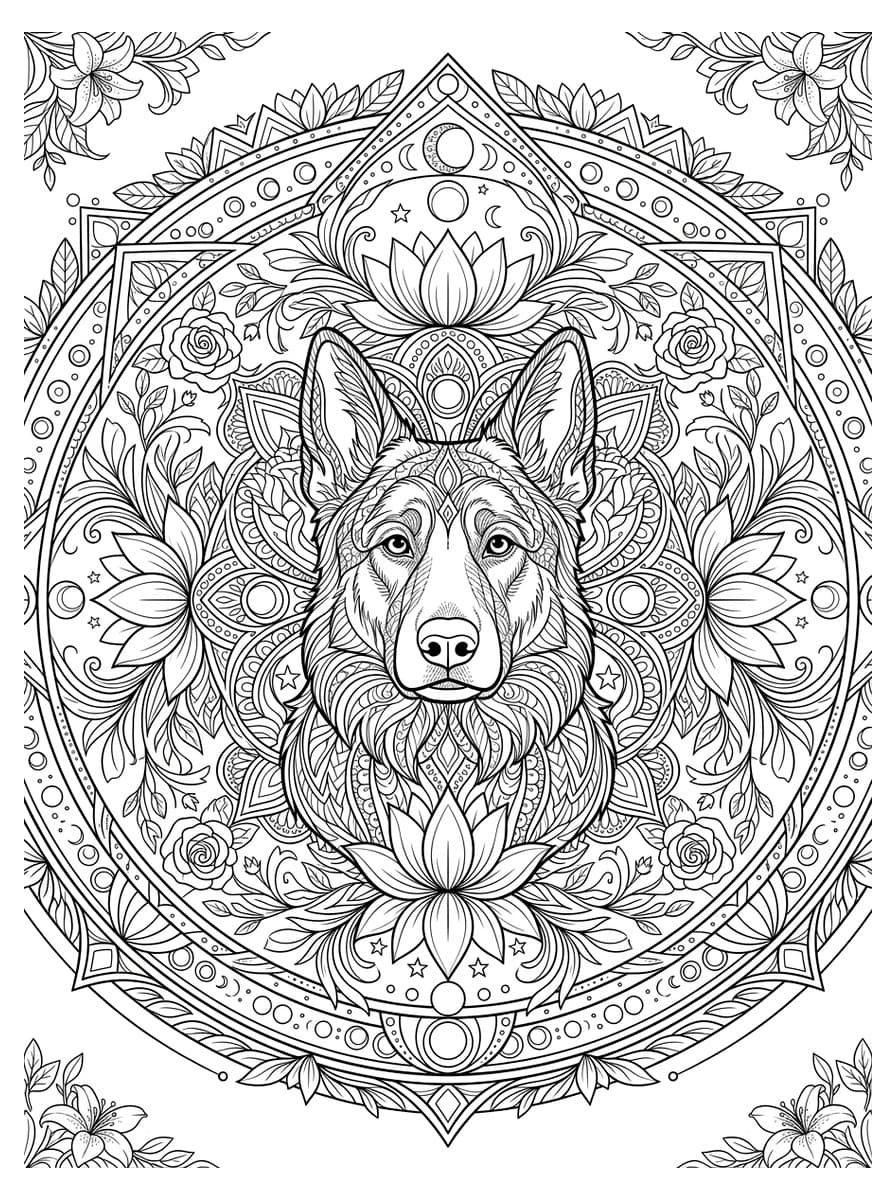 Majestic Dog Portrait & Symmetrical Zen Mandala - Free Printable Coloring Page