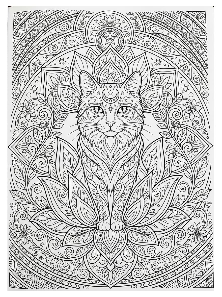 Celestial Moon Cat & Sacred Zen Mandala - Free Printable Coloring Page