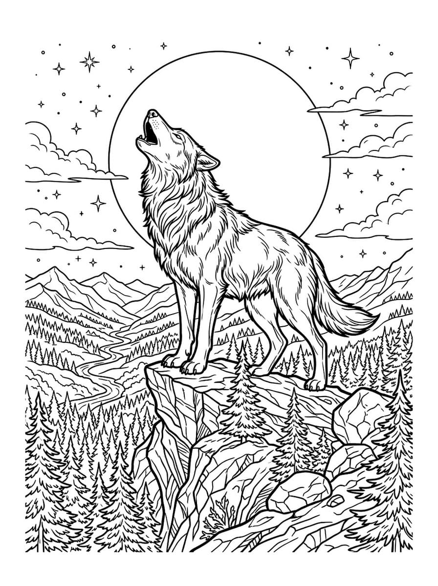 Majestic Howling Wolf Under Full Moon - Free Printable Coloring Page
