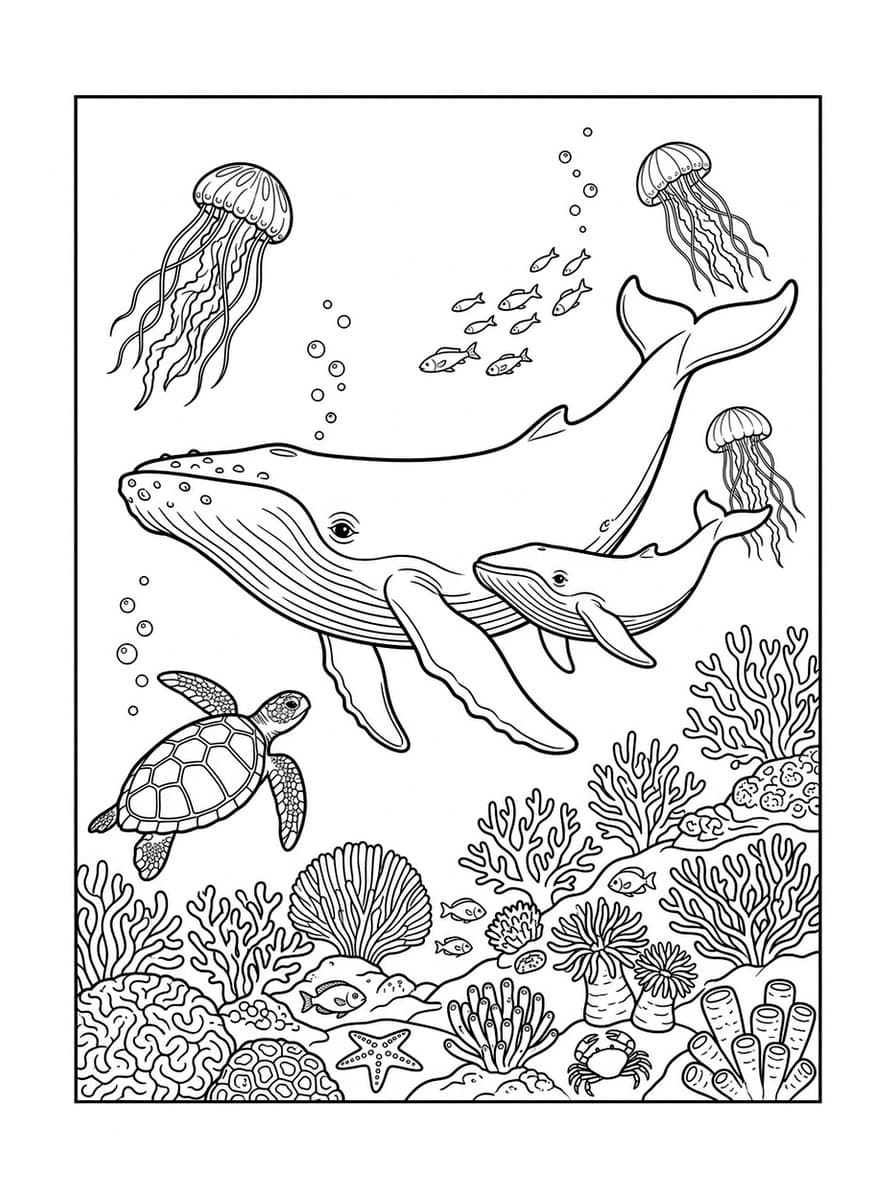 Humpback Whale Mother & Baby Coral Reef - Free Printable Coloring Page
