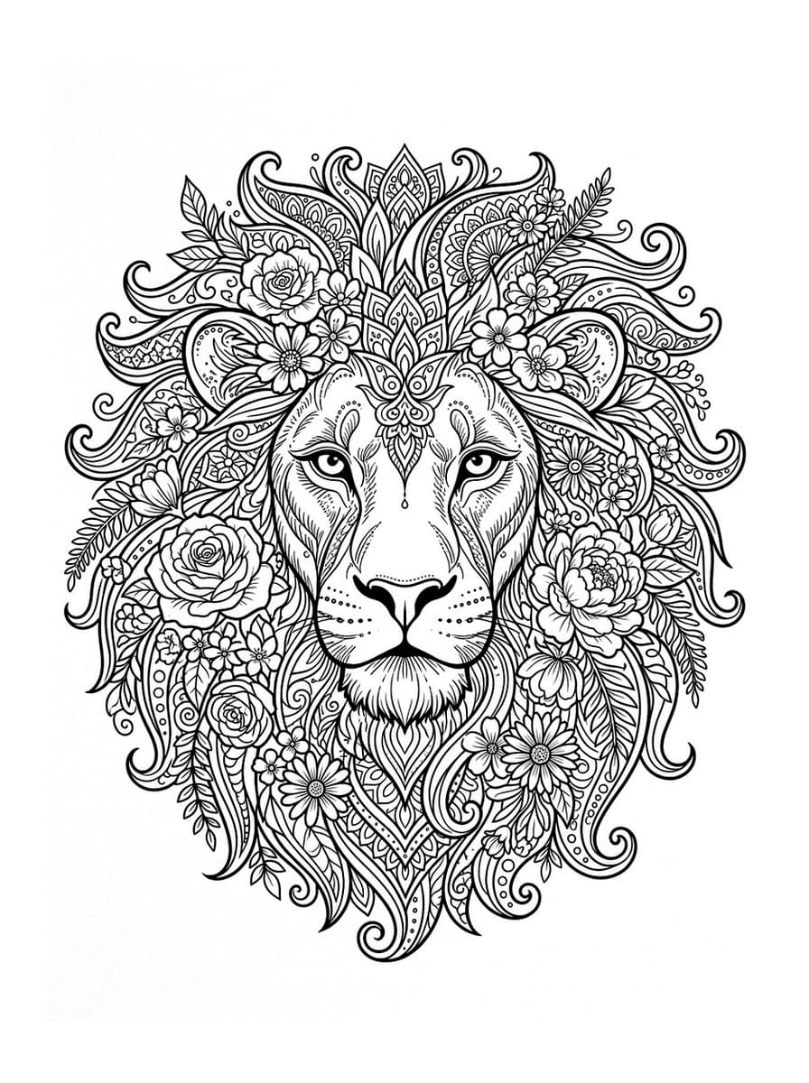 Majestic Savannah Floral Lion - Free Printable Coloring Page