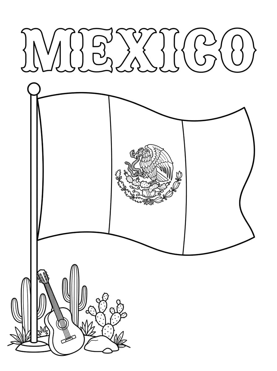 멕시코 국기와 선인장 위 황금 독수리 & 어쿠스틱 기타 - Free Printable Coloring Page