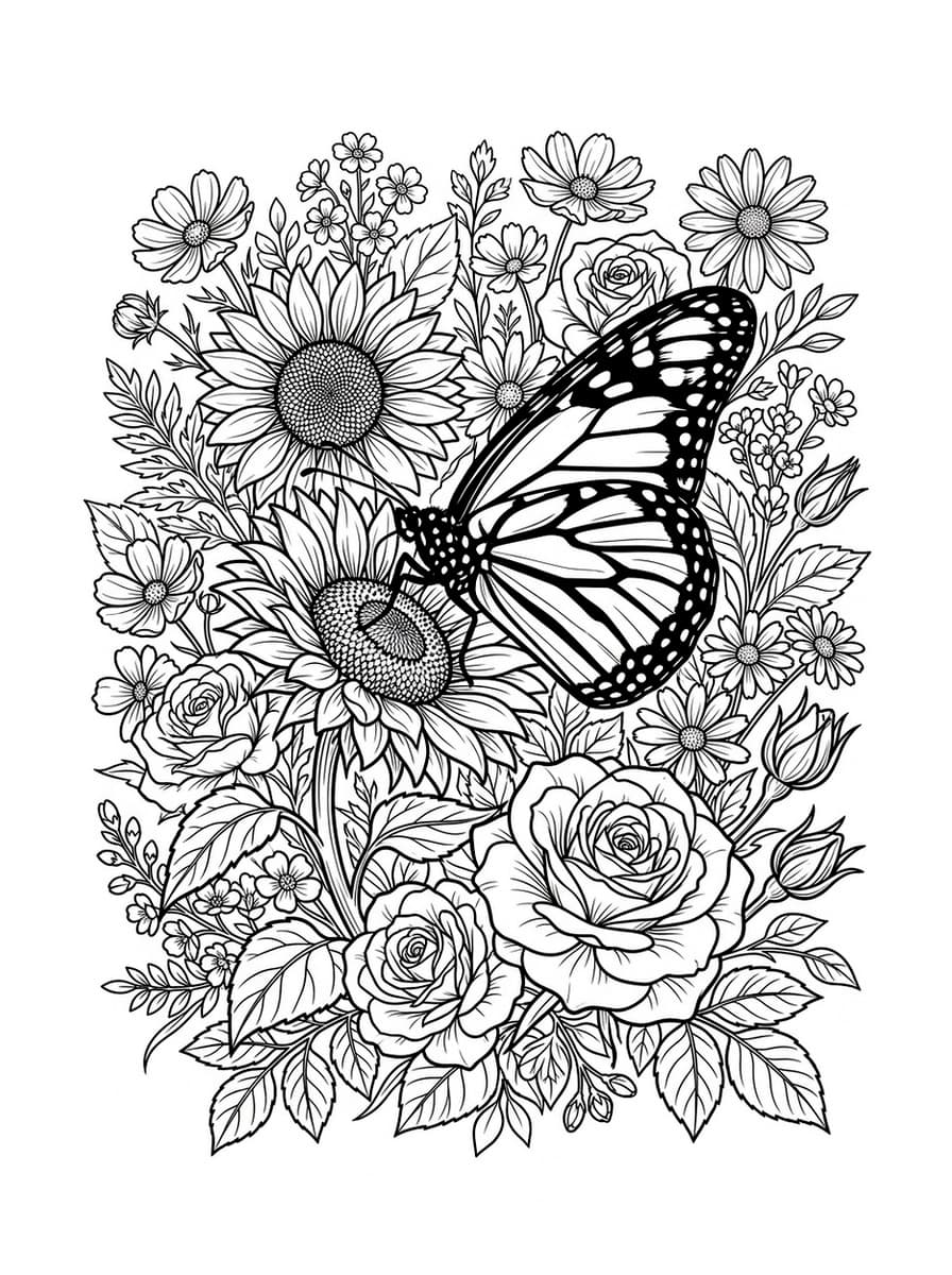 Majestic Monarch Butterfly in Wildflower Garden - Free Printable Coloring Page