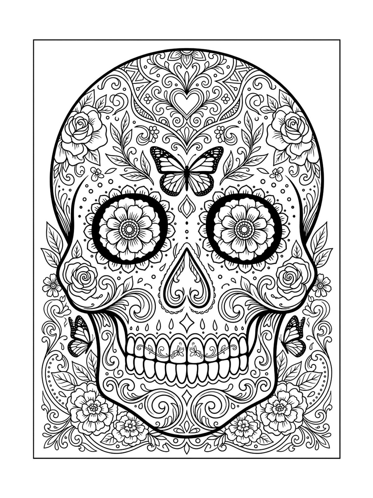 Ornate Day of the Dead Sugar Skull (Día de los Muertos Calavera) - Free Printable Coloring Page
