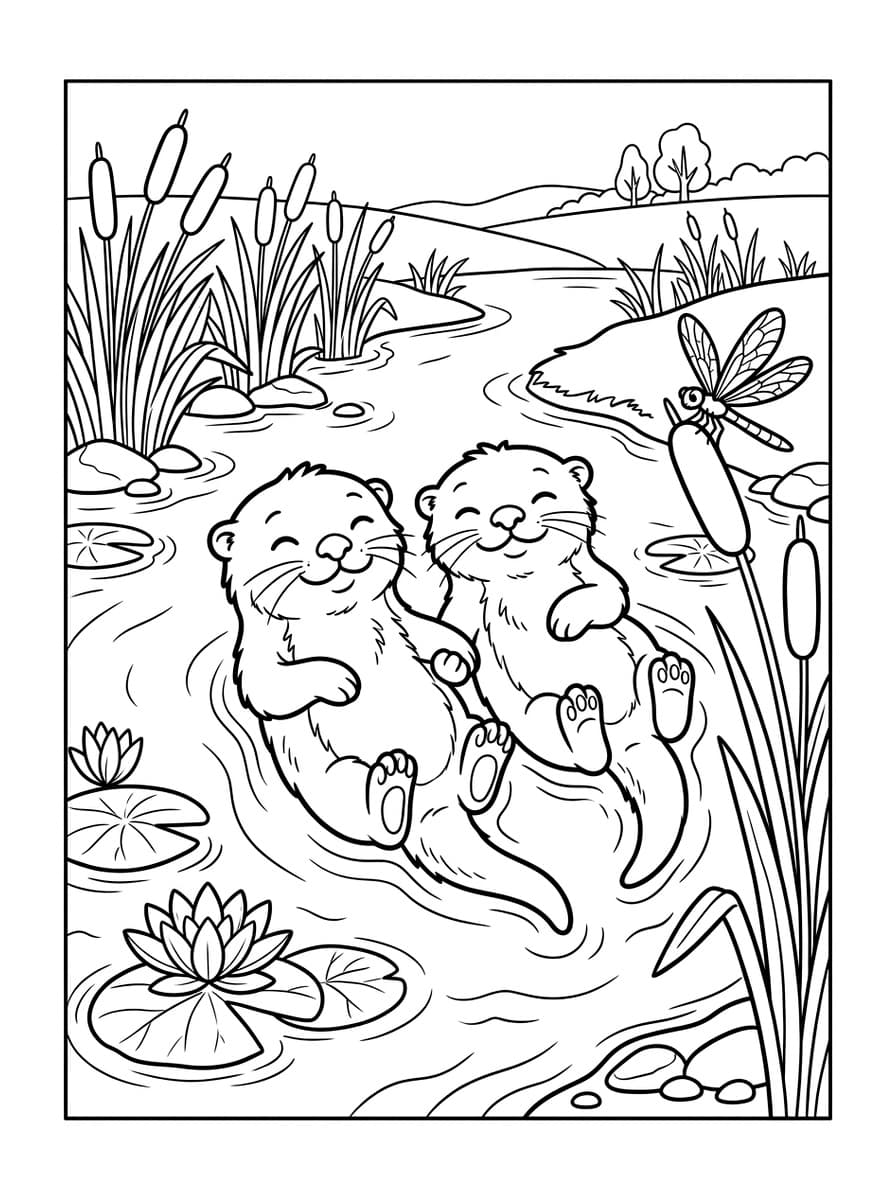 손을 꼬옥 잡고 물 위에 둥둥 뜬 아기 수달들 - Free Printable Coloring Page