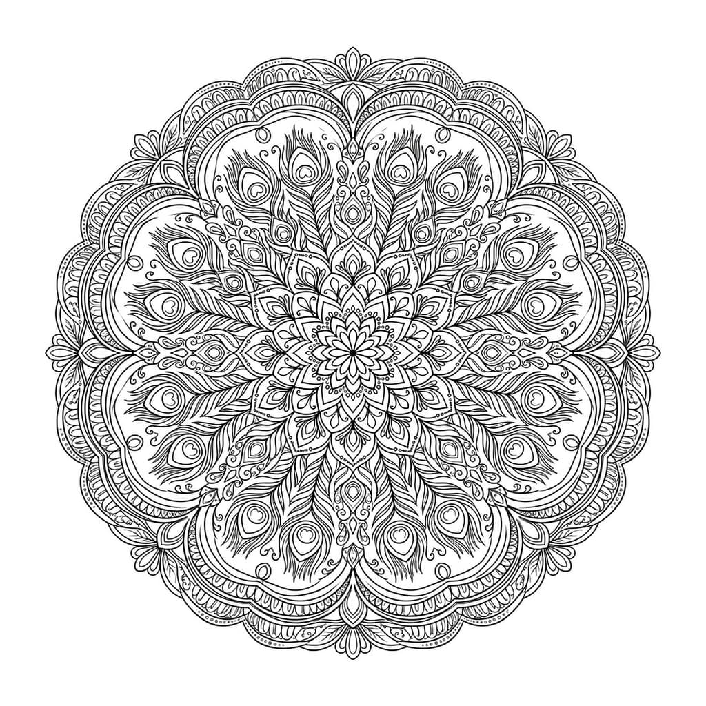 Regal Peacock Feather Zen Mandala - Free Printable Coloring Page