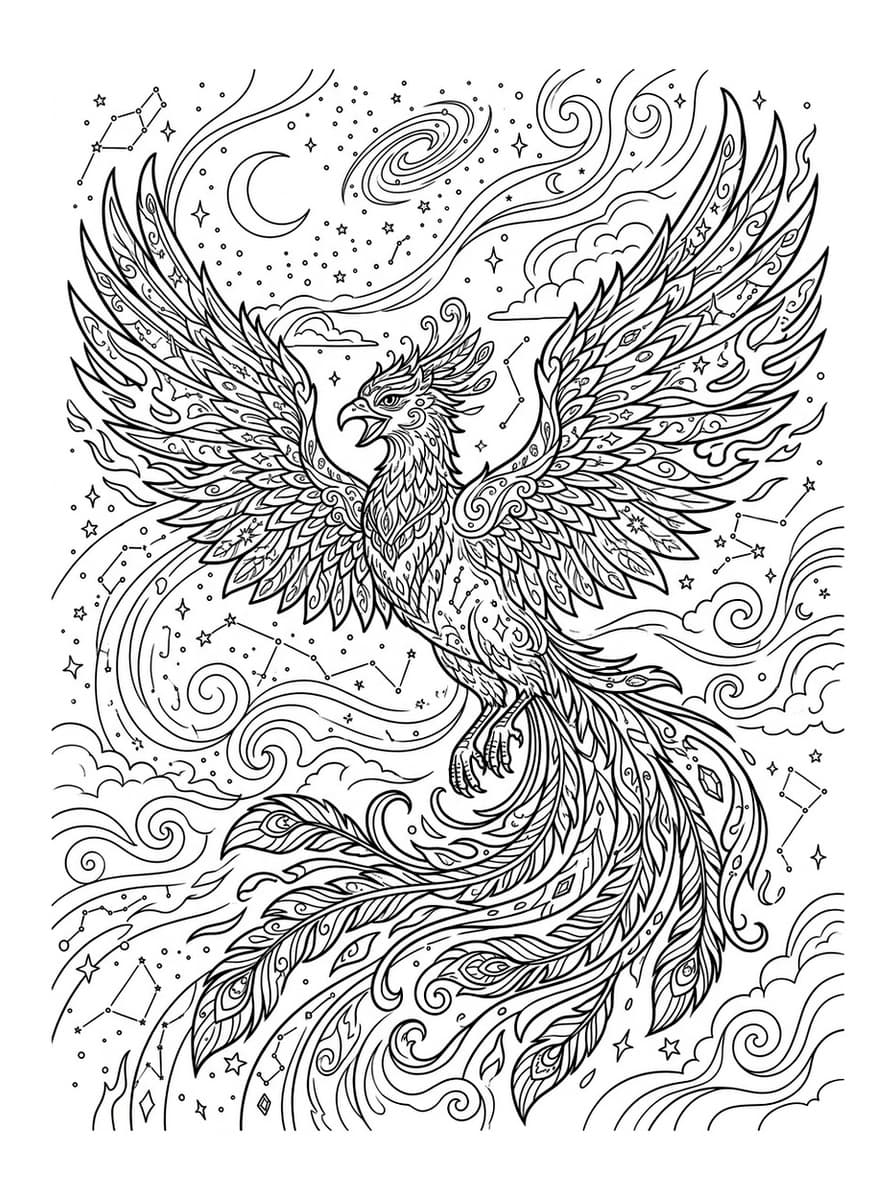 Cosmic Phoenix of Stardust & Flame - Free Printable Coloring Page