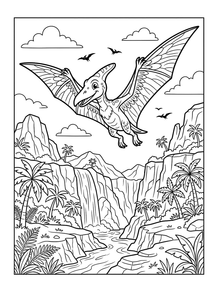 쥐라기 폭포 협곡을 가르는 프테로닥틸 - Free Printable Coloring Page
