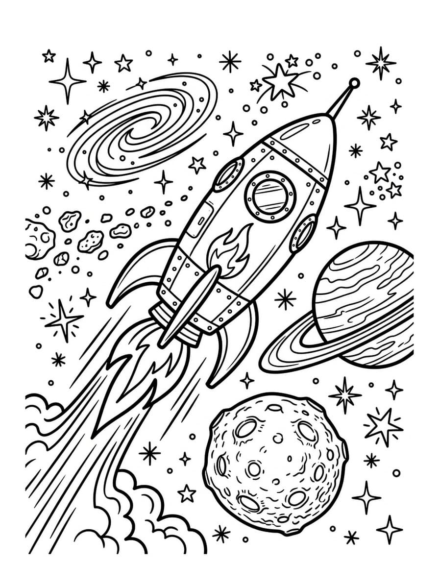 Retro Cosmic Rocket Journey Through Planets - Free Printable Coloring Page