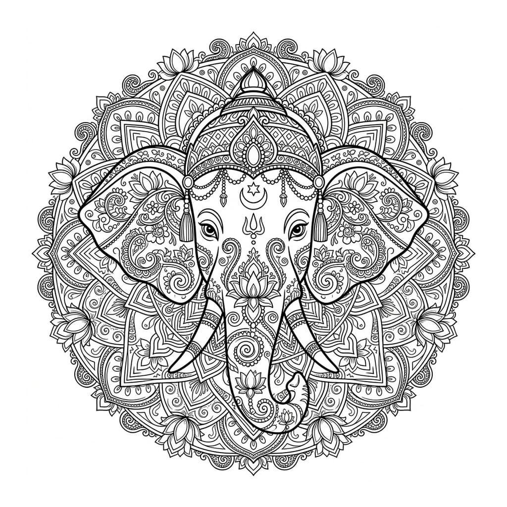 Sacred Indian Elephant Mindfulness Mandala - Free Printable Coloring Page