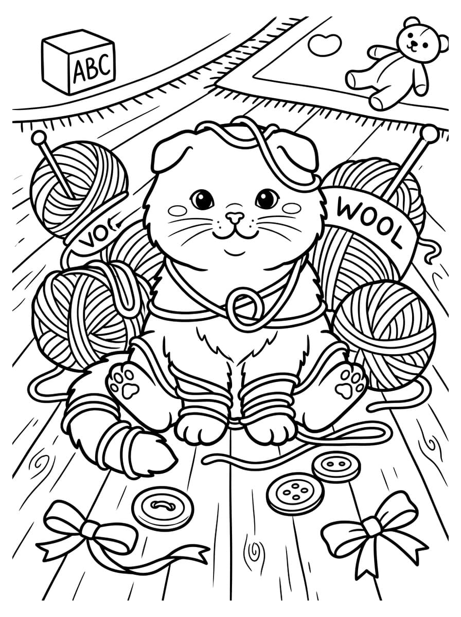 Scottish Fold Kitten Playing with Yarn Balls - Free Printable Coloring Page