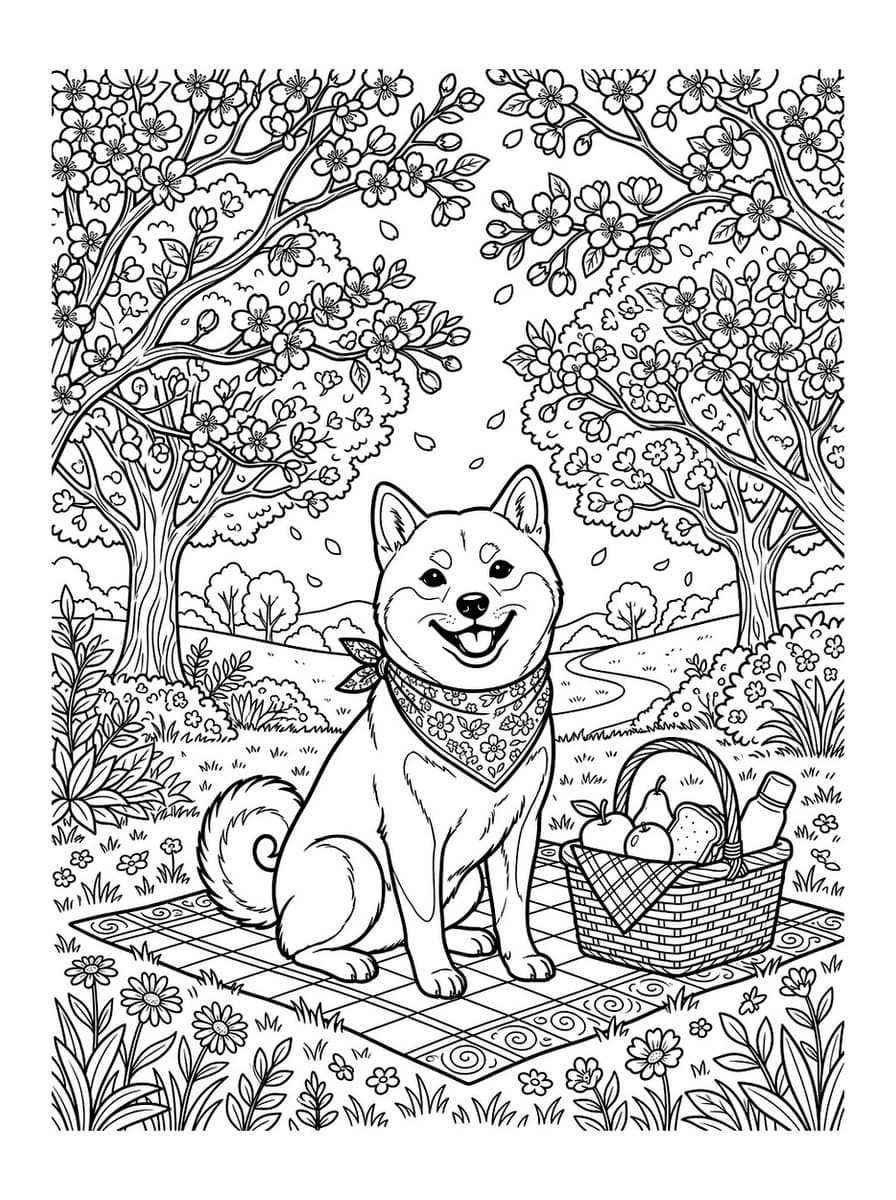 Shiba Inu Sakura Picnic - Free Printable Coloring Page