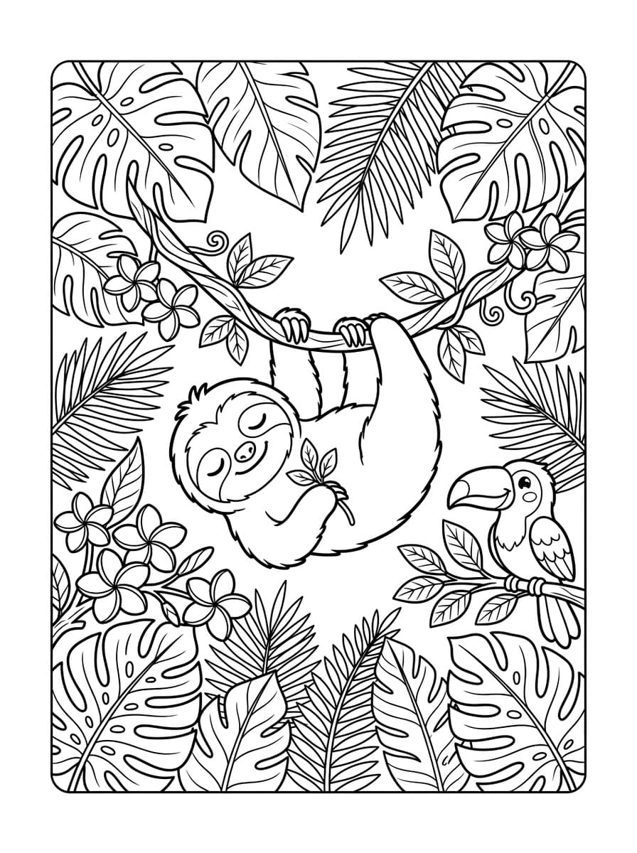 열대 정글 덩굴 그네를 탄 느긋한 나무늘보 - Free Printable Coloring Page