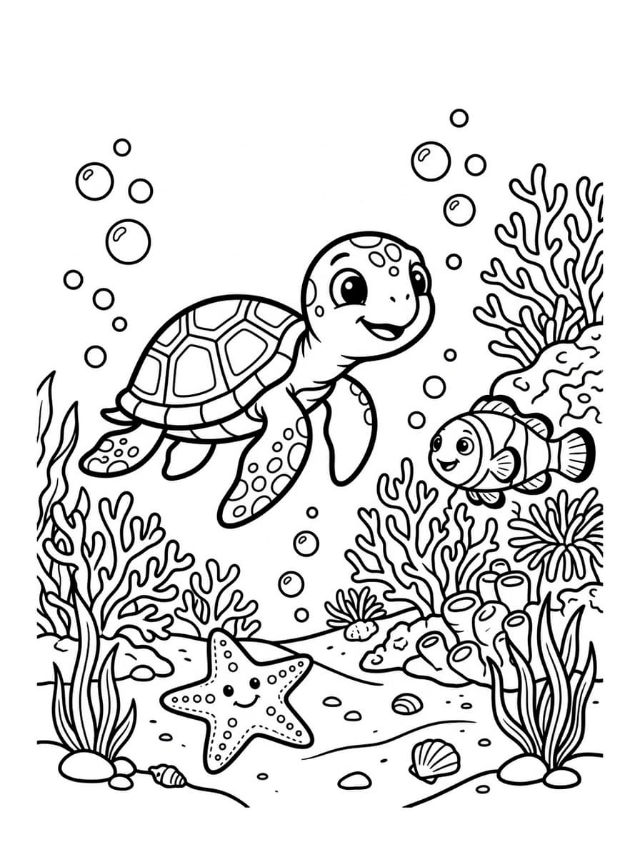 Smiling Ocean Friends (Turtle & Clownfish) - Free Printable Coloring Page