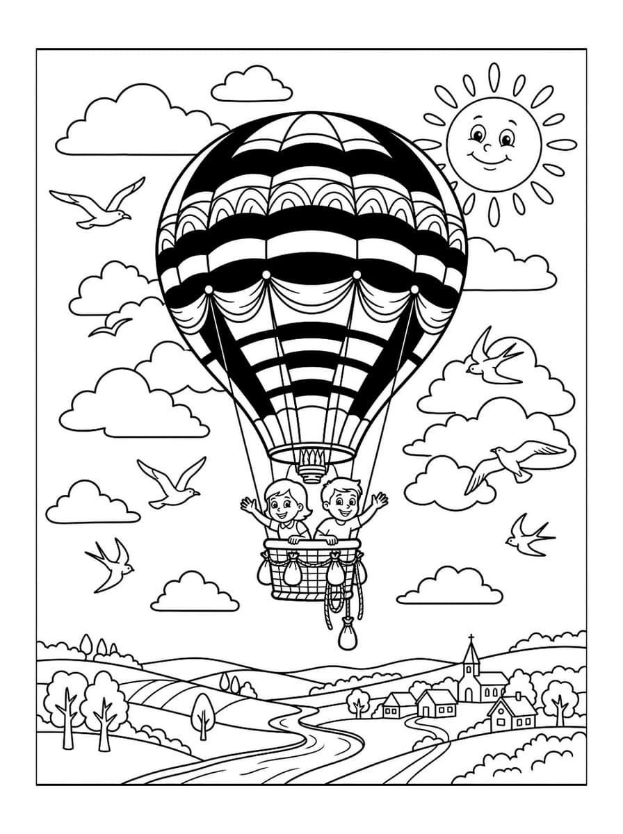 Smiling Sun & Cheerful Hot Air Balloon Sky - Free Printable Coloring Page