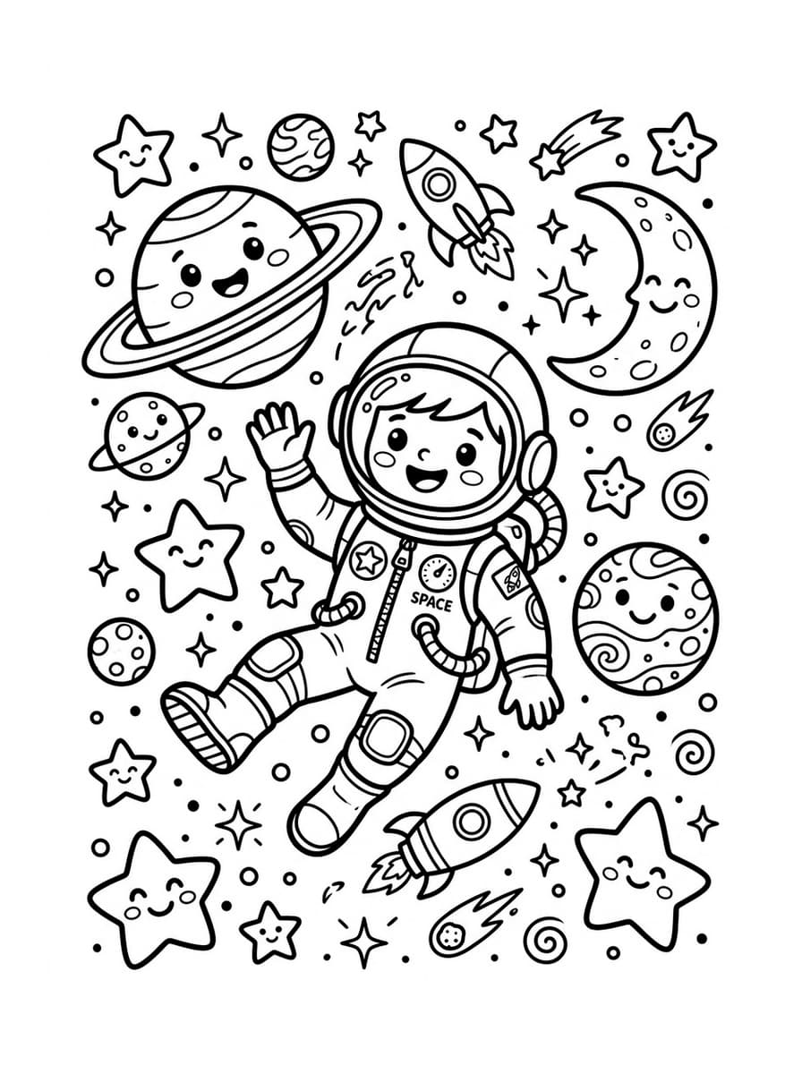Cosmic Journey Astronaut & Planets - Free Printable Coloring Page