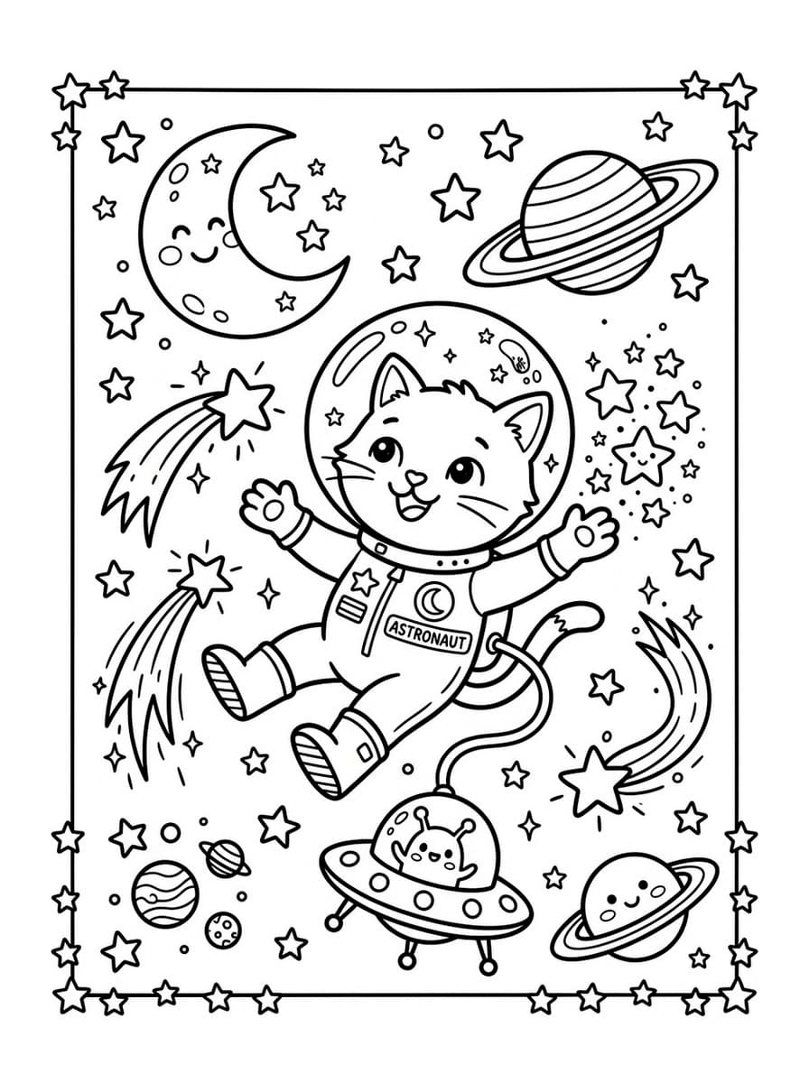 Cosmic Kitten Astronaut Floating in Galaxy - Free Printable Coloring Page