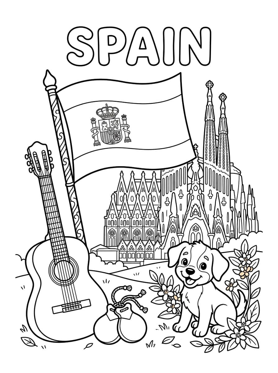 스페인 국기와 사그라다 파밀리아 대성당 & 스패니시 기타 & 강아지 - Free Printable Coloring Page