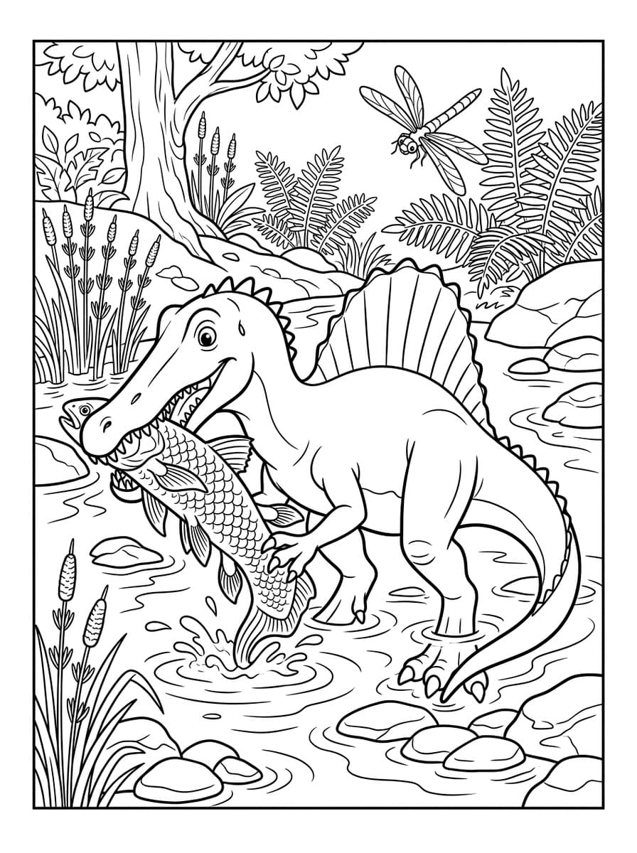 고대 강가에서 물고기를 사냥하는 스피노사우루스 - Free Printable Coloring Page