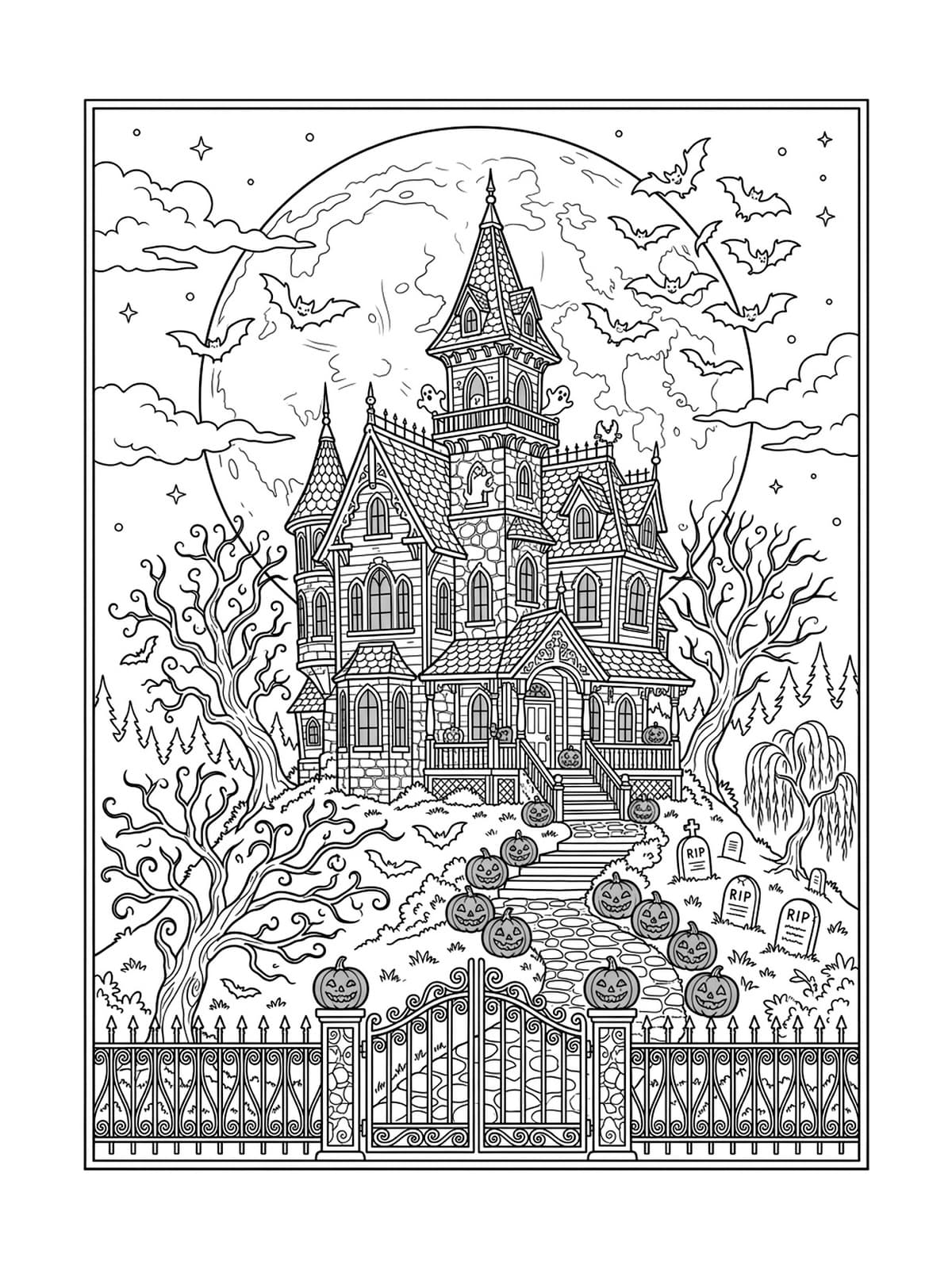 Spooky Whimsical Haunted House on a Moonlit Hill - Free Printable Coloring Page