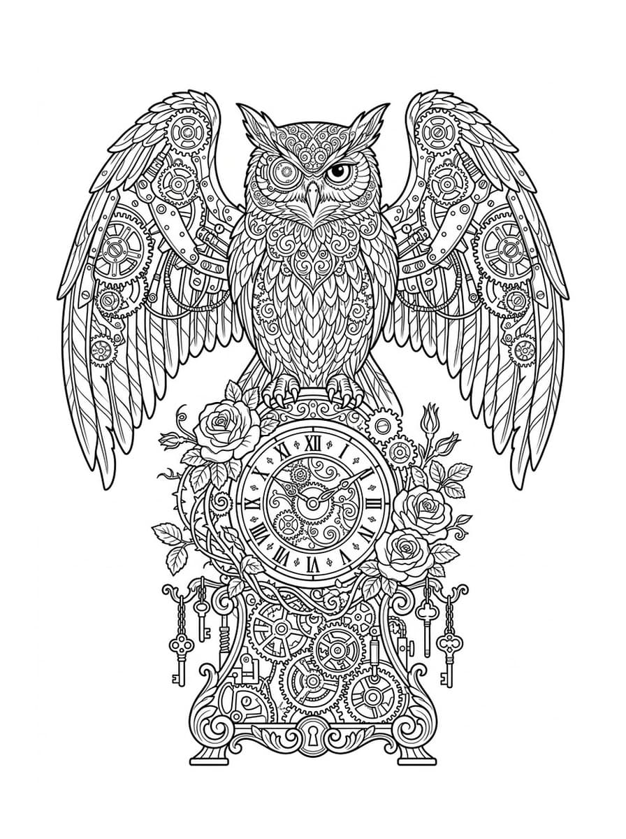 Steampunk Chronos Owl & Vintage Timepiece - Free Printable Coloring Page
