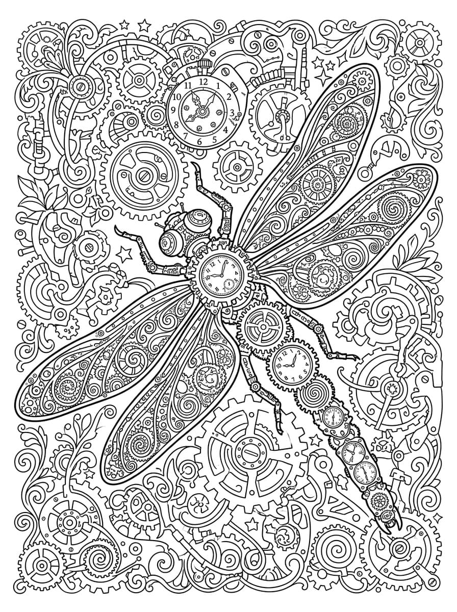 정밀한 태엽 시계장치 스팀펑크 잠자리 - 무료 고화질 흑백 프린트 컬러링 도안 (A4 PDF & JPG 다운로드)