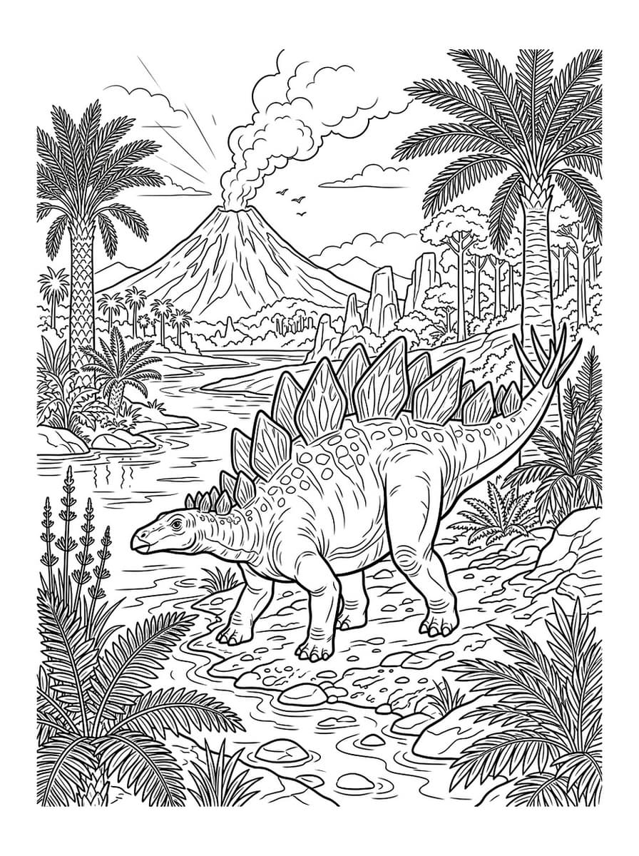 Stegosaurus Journey Past Distant Volcano - Free Printable Coloring Page