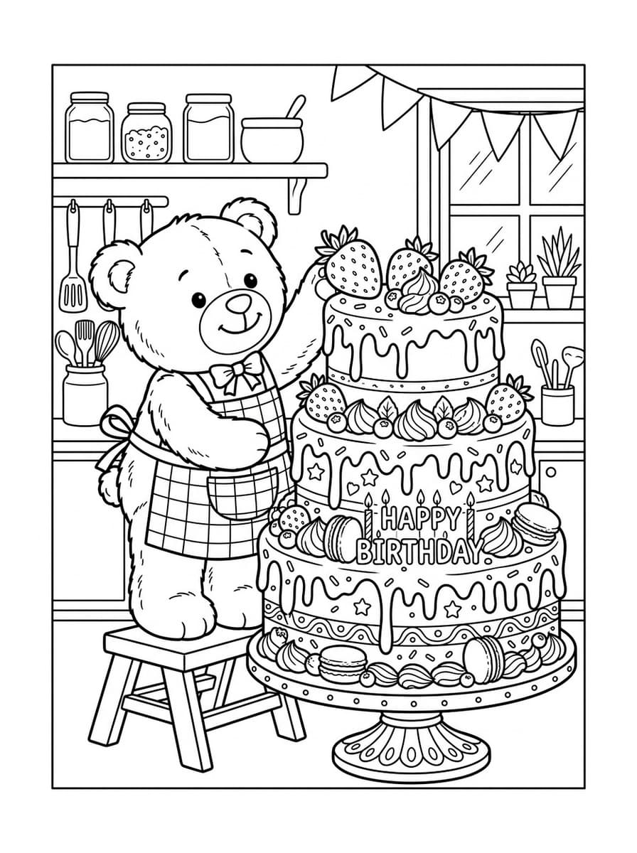 Teddy Bear Decorating Giant Strawberry Cake - Free Printable Coloring Page