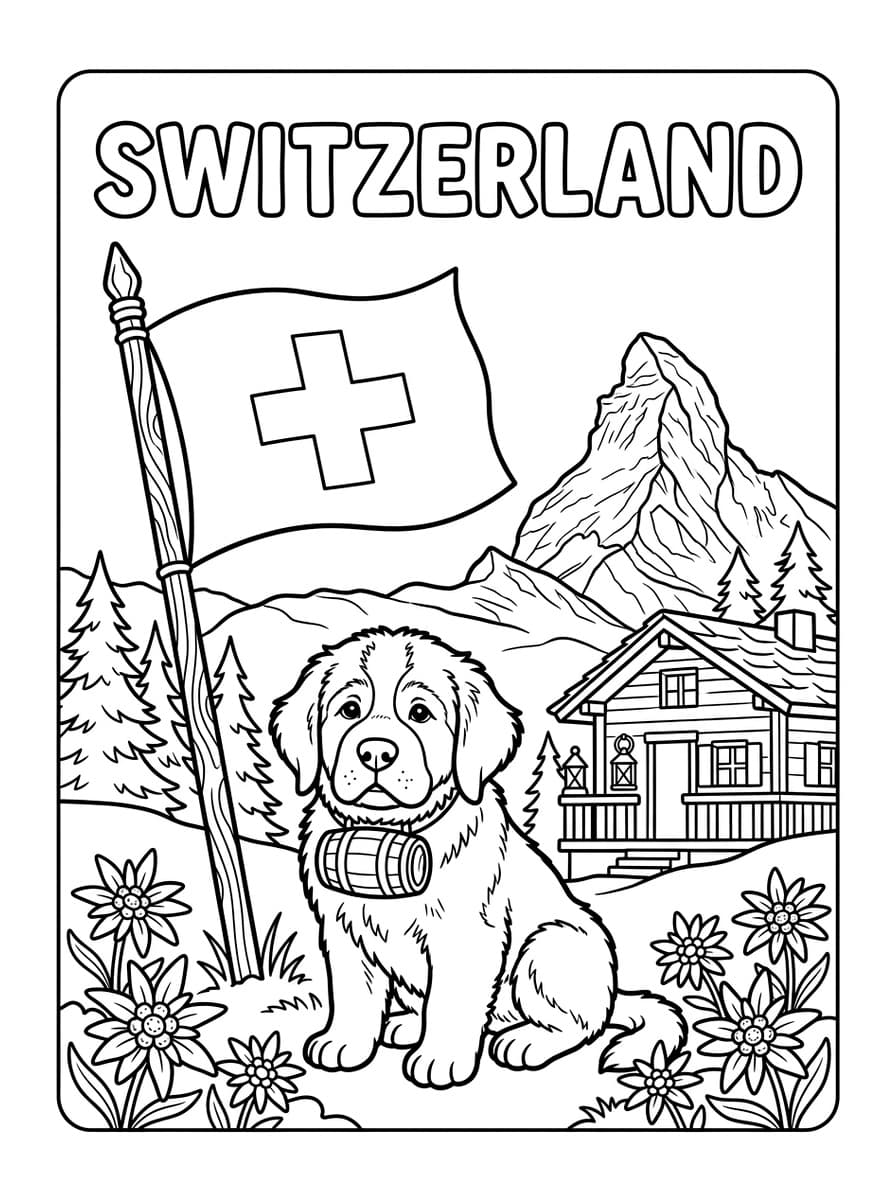 스위스 국기와 알프스 마터호른 & 세인트버나드 구조견 - Free Printable Coloring Page
